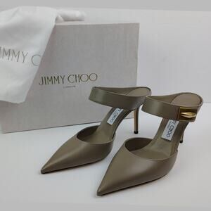 Jimmy Choo Nell 85 Leather Heeled Mule Sandal Size IT 38 Taupe